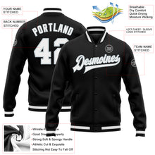 Laden Sie das Bild in den Galerie-Viewer, Custom Black White-Silver Bomber Full-Snap Varsity Letterman Jacket
