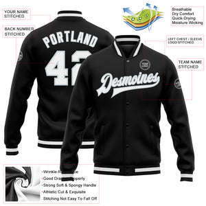 Custom Black White-Silver Bomber Full-Snap Varsity Letterman Jacket