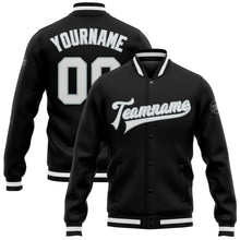 Laden Sie das Bild in den Galerie-Viewer, Custom Black White-Silver Bomber Full-Snap Varsity Letterman Jacket
