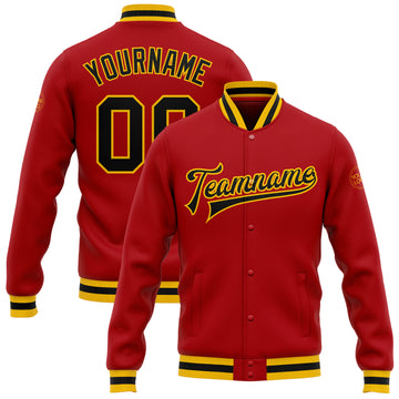 Custom Red Black-Gold Bomber Full-Snap Varsity Letterman Jacket