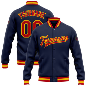 Custom Navy Red-Gold Bomber Full-Snap Varsity Letterman Jacket