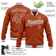 Laden Sie das Bild in den Galerie-Viewer, Custom Texas Orange Texas Orange Gray-White Bomber Full-Snap Varsity Letterman Jacket
