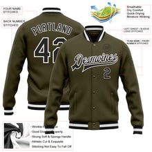 Laden Sie das Bild in den Galerie-Viewer, Custom Olive Black-White Bomber Full-Snap Varsity Letterman Salute To Service Jacket
