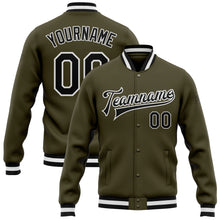 Laden Sie das Bild in den Galerie-Viewer, Custom Olive Black-White Bomber Full-Snap Varsity Letterman Salute To Service Jacket
