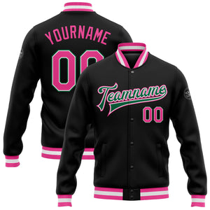 Custom Black Pink-Kelly Green Bomber Full-Snap Varsity Letterman Jacket