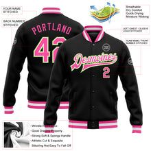 Charger l&#39;image dans la galerie, Custom Black Pink-Neon Green Bomber Full-Snap Varsity Letterman Jacket
