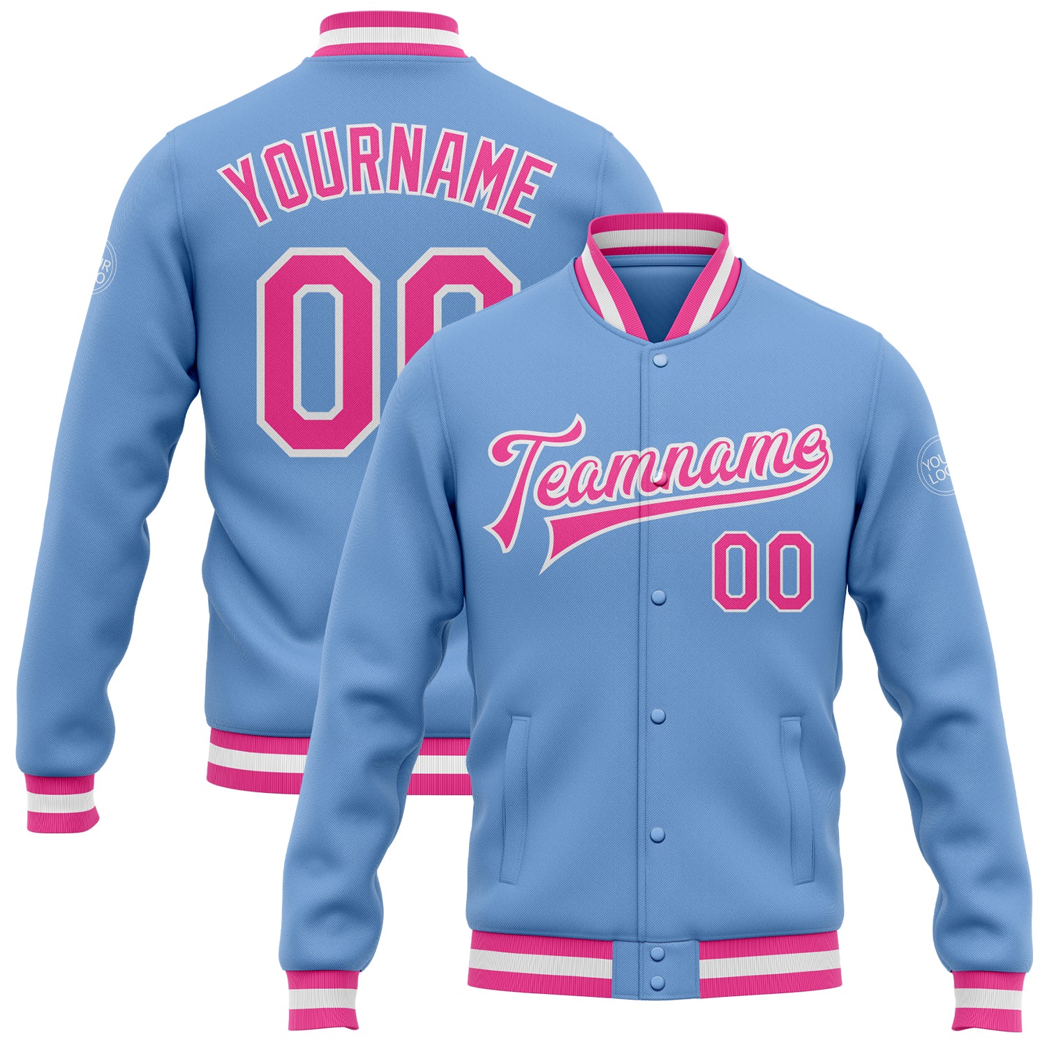 Cheap Custom Light Blue Pink-White Bomber Full-Snap Varsity