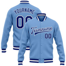 Laden Sie das Bild in den Galerie-Viewer, Custom Light Blue Royal-White Bomber Full-Snap Varsity Letterman Jacket
