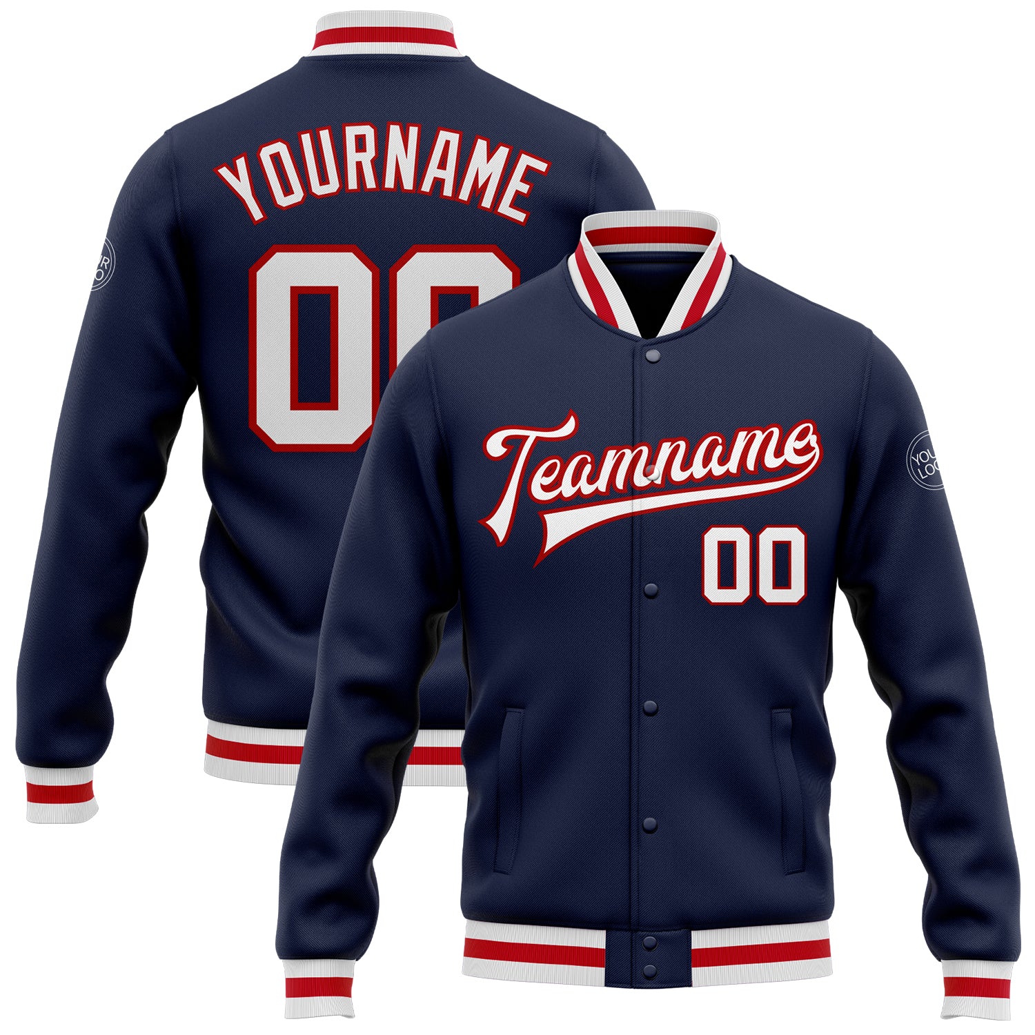 Custom Navy Navy White-Red Bomber Full-Snap Varsity Letterman