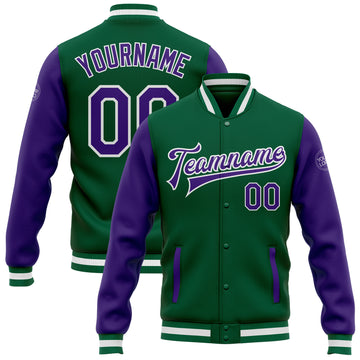 Custom Kelly Green Purple-White Bomber Full-Snap Varsity Letterman Two Tone Jacket