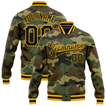 Laden Sie das Bild in den Galerie-Viewer, Custom Camo Black-Gold Bomber Full-Snap Varsity Letterman Salute To Service Jacket
