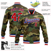 Laden Sie das Bild in den Galerie-Viewer, Custom Camo Red-Royal Bomber Full-Snap Varsity Letterman Salute To Service Jacket
