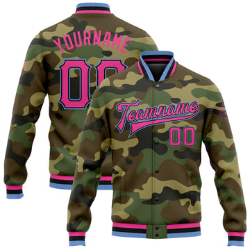 Custom Camo Pink Black-Light Blue Bomber Full-Snap Varsity Letterman Salute To Service Jacket