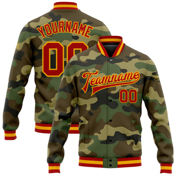 Custom Camo Red-Gold Bomber Full-Snap Varsity Letterman Salute To Service Jacket