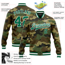 Laden Sie das Bild in den Galerie-Viewer, Custom Camo Kelly Green-White Bomber Full-Snap Varsity Letterman Salute To Service Jacket
