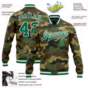 Custom Camo Kelly Green-White Bomber Full-Snap Varsity Letterman Salute To Service Jacket