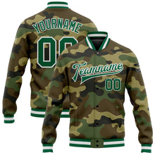 Загрузить изображение в средство просмотра галереи, Custom Camo Kelly Green-White Bomber Full-Snap Varsity Letterman Salute To Service Jacket
