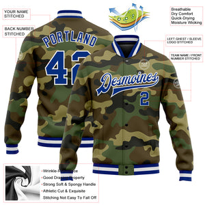 Custom Camo Royal-White Bomber Full-Snap Varsity Letterman Salute To Service Jacket