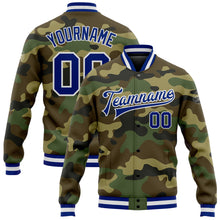 Laden Sie das Bild in den Galerie-Viewer, Custom Camo Royal-White Bomber Full-Snap Varsity Letterman Salute To Service Jacket
