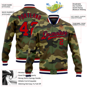 Custom Camo Red-Navy Bomber Full-Snap Varsity Letterman Salute To Service Jacket