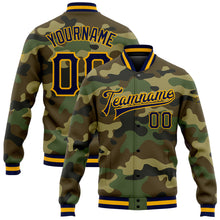 Laden Sie das Bild in den Galerie-Viewer, Custom Camo Navy-Gold Bomber Full-Snap Varsity Letterman Salute To Service Jacket
