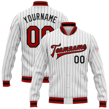 Custom White Black Pinstripe Red-Black Bomber Full-Snap Varsity Letterman Jacket