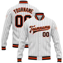 Загрузить изображение в средство просмотра галереи, Custom White Black Pinstripe Black-Orange Bomber Full-Snap Varsity Letterman Jacket
