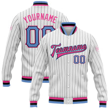 Загрузить изображение в средство просмотра галереи, Custom White Black Pinstripe Light Blue Black-Pink Bomber Full-Snap Varsity Letterman Jacket
