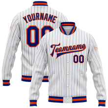 Load image into Gallery viewer, Custom White Royal Pinstripe Royal-Orange Bomber Full-Snap Varsity Letterman Jacket
