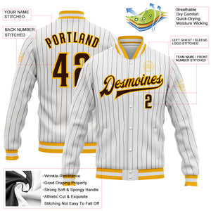 Custom White Brown Pinstripe Brown-Gold Bomber Full-Snap Varsity Letterman Jacket