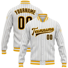 Загрузить изображение в средство просмотра галереи, Custom White Brown Pinstripe Brown-Gold Bomber Full-Snap Varsity Letterman Jacket
