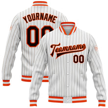 Загрузить изображение в средство просмотра галереи, Custom White Brown Pinstripe Brown-Orange Bomber Full-Snap Varsity Letterman Jacket
