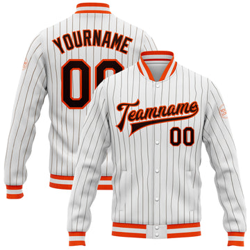 Custom White Brown Pinstripe Brown-Orange Bomber Full-Snap Varsity Letterman Jacket