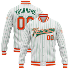 Charger l&#39;image dans la galerie, Custom White Kelly Green Pinstripe Orange-Kelly Green Bomber Full-Snap Varsity Letterman Jacket
