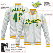 Charger l&#39;image dans la galerie, Custom White Kelly Green Pinstripe Kelly Green-Gold Bomber Full-Snap Varsity Letterman Jacket
