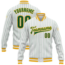 Charger l&#39;image dans la galerie, Custom White Kelly Green Pinstripe Kelly Green-Gold Bomber Full-Snap Varsity Letterman Jacket
