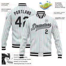 Charger l&#39;image dans la galerie, Custom White Aqua Pinstripe Black-Gray Bomber Full-Snap Varsity Letterman Jacket
