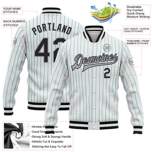 Custom White Aqua Pinstripe Black-Gray Bomber Full-Snap Varsity Letterman Jacket