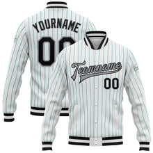 Charger l&#39;image dans la galerie, Custom White Aqua Pinstripe Black-Gray Bomber Full-Snap Varsity Letterman Jacket
