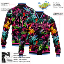 Загрузить изображение в средство просмотра галереи, Custom Black Pink-Light Blue Hawaii Palm Trees 3D Bomber Full-Snap Varsity Letterman Jacket
