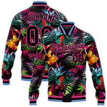 Загрузить изображение в средство просмотра галереи, Custom Black Pink-Light Blue Hawaii Palm Trees 3D Bomber Full-Snap Varsity Letterman Jacket
