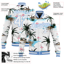 Charger l&#39;image dans la galerie, Custom White White-Light Blue Hawaii Palm Trees And Flamingo 3D Bomber Full-Snap Varsity Letterman Jacket
