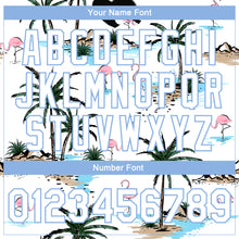 Load image into Gallery viewer, Custom White White-Light Blue Hawaii Palm Trees And Flamingo 3D Bomber Full-Snap Varsity Letterman Jacket
