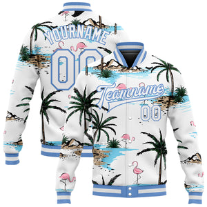 Custom White White-Light Blue Hawaii Palm Trees And Flamingo 3D Bomber Full-Snap Varsity Letterman Jacket