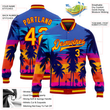 Laden Sie das Bild in den Galerie-Viewer, Custom Royal Gold-Red Hawaii Palm Trees 3D Bomber Full-Snap Varsity Letterman Jacket
