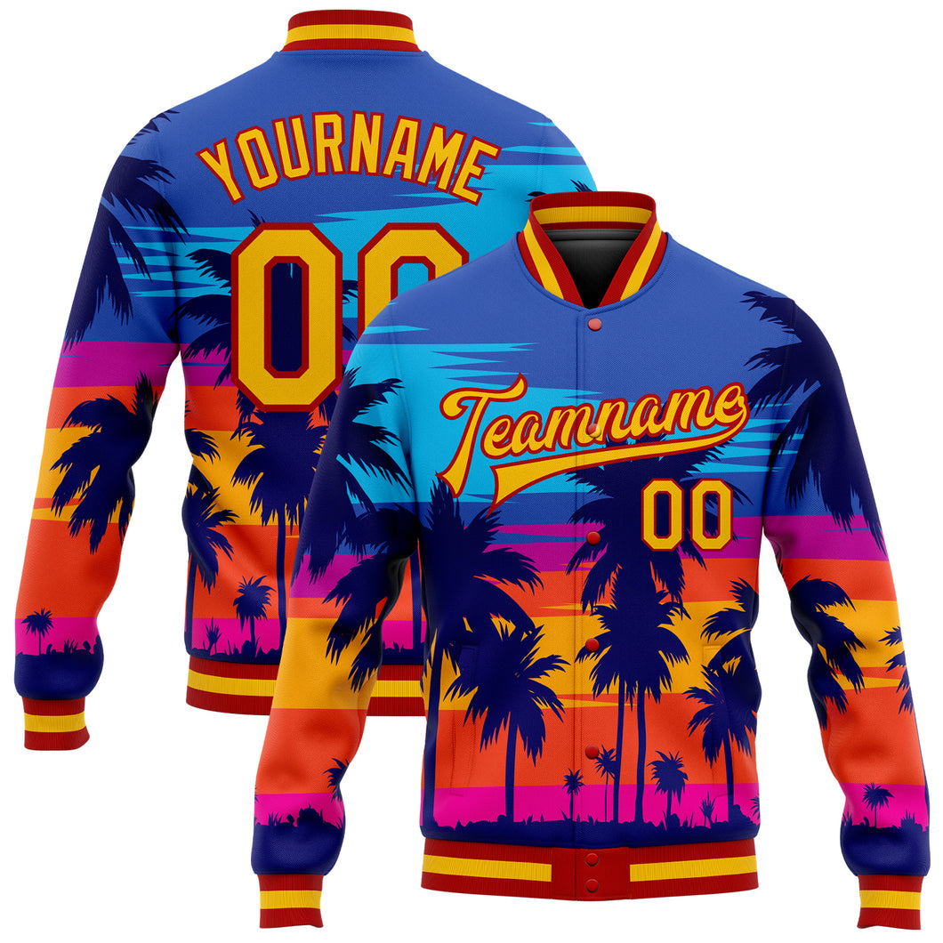 Custom Royal Gold-Red Hawaii Palm Trees 3D Bomber Full-Snap Varsity Letterman Jacket