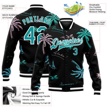 Laden Sie das Bild in den Galerie-Viewer, Custom Black Teal-White Hawaii Palm Trees 3D Bomber Full-Snap Varsity Letterman Jacket
