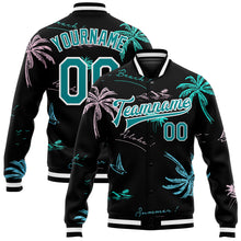 Laden Sie das Bild in den Galerie-Viewer, Custom Black Teal-White Hawaii Palm Trees 3D Bomber Full-Snap Varsity Letterman Jacket
