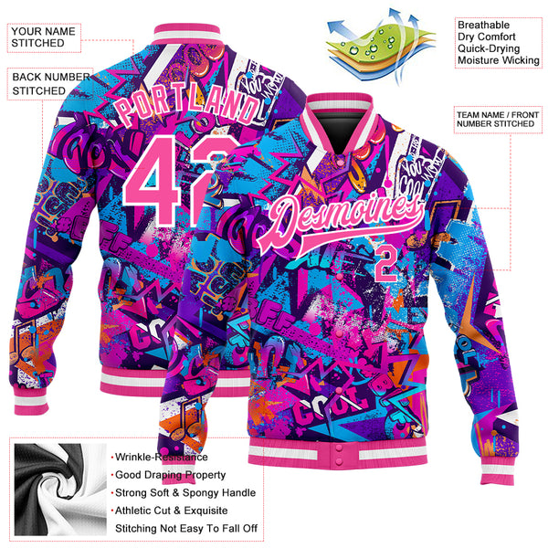 Cheap Custom Purple Pink-White Bomber Full-Snap Varsity Letterman