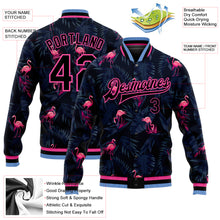 Laden Sie das Bild in den Galerie-Viewer, Custom Black Black Pink-Light Blue Hawaii Palm Trees And Flamingo 3D Bomber Full-Snap Varsity Letterman Jacket
